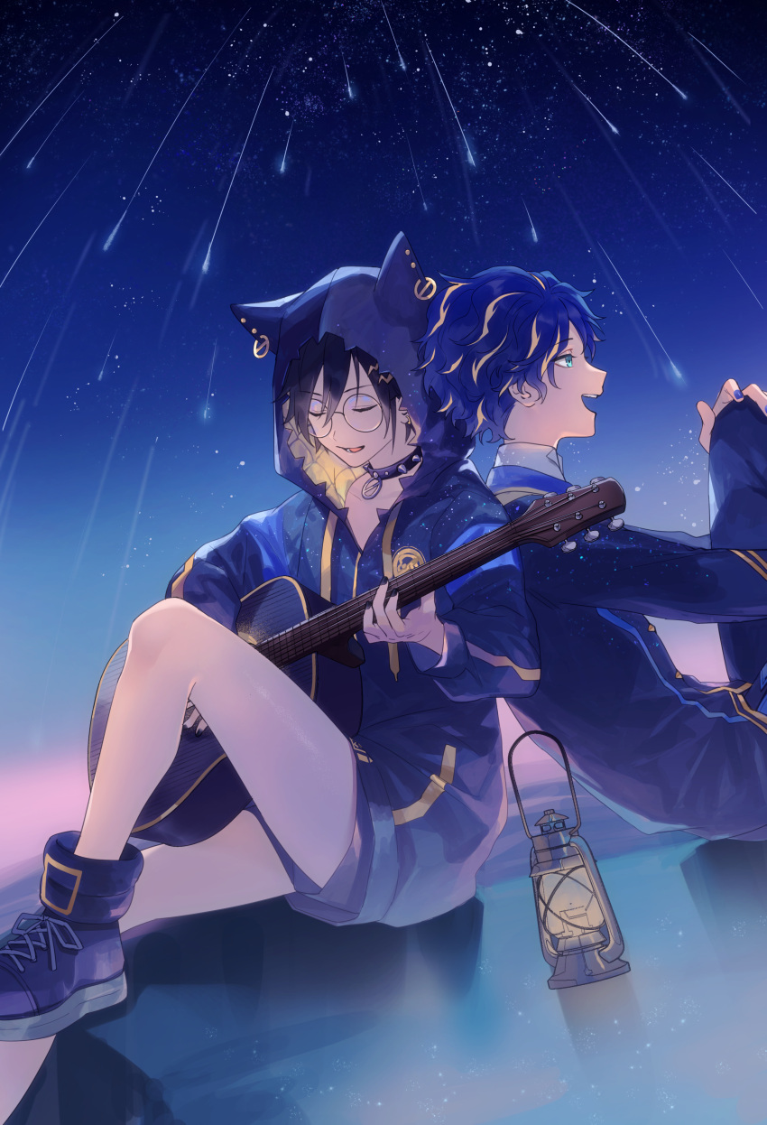 2boys, :d, absurdres, acoustic_guitar, animal_hood, aqua_eyes, astel_leda, back-to-back, bespectacled, black_footwear, black_hair, black_hoodie, black_jacket, black_nails, black_pants, black_shorts, blonde_hair, blue_hair, blue_nails, cat_hood, closed_eyes, collar, commentary, drawstring, dutch_angle, earrings, foot_out_of_frame, glasses, guitar, hair_between_eyes, hair_ornament, hairclip, hand_on_own_knee, high_tops, highres, hkst712, holostars, hood, hood_up, hoodie, instrument, jacket, jewelry, kanade_izuru, knee_up, lantern, leaning_on_person, lightning_bolt_hair_ornament, lightning_bolt_symbol, looking_afar, lower_teeth, male_focus, meteor_shower, multicolored_hair, multiple_boys, music, night, official_alternate_costume, pants, playing_instrument, round_eyewear, shirt, shooting_star, short_hair, short_shorts, shorts, singing, sitting, smile, spiked_collar, spikes, star_(sky), streaked_hair, teeth, upper_body, upper_teeth, virtual_youtuber, white_shirt
