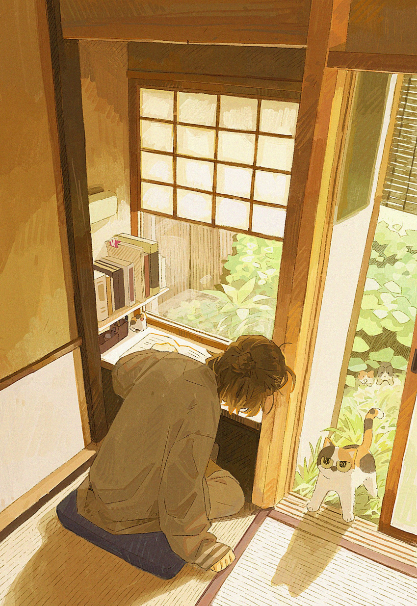 1other, absurdres, ambiguous_gender, book, brown_hair, cat, cushion, eye_contact