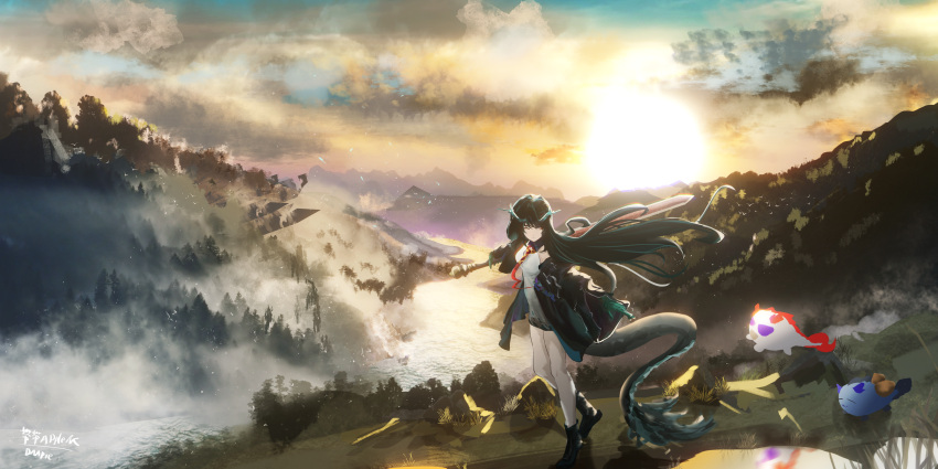 3girls, :3, :d, absurdres, animalization, antlers, arknights, bare_legs, bird, black_coat, black_footwear, black_gloves, black_hair, black_tail, blue_fur, blue_horns, blue_tail, boots, chinese_commentary, closed_mouth, clouds, coat, commentary_request, daapie, day, dragon, dragon_girl, dragon_tail, dress, dusk_(arknights), eastern_dragon, evening, eyebrows_behind_hair, eyeshadow, flock, fog, forest, from_side, frown, gloves, green_gloves, green_hair, green_tail, highres, holding, holding_sword, holding_weapon, horns, huge_weapon, jumping, light_particles, ling_(arknights), long_hair, looking_to_the_side, makeup, mountain, mountainous_horizon, multiple_girls, nature, necktie, nian_(arknights), one_eye_closed, open_clothes, open_coat, outdoors, outstretched_arms, path, petals, puddle, red_eyes, red_eyeshadow, red_fur, red_horns, red_necktie, red_tail, reflection, reflective_water, river, scenery, short_dress, signature, sky, smile, solo_focus, sword, tail, tree, violet_eyes, walking, weapon, white_dress, white_fur, white_tail, wide_shot, wide_sleeves, wing_collar