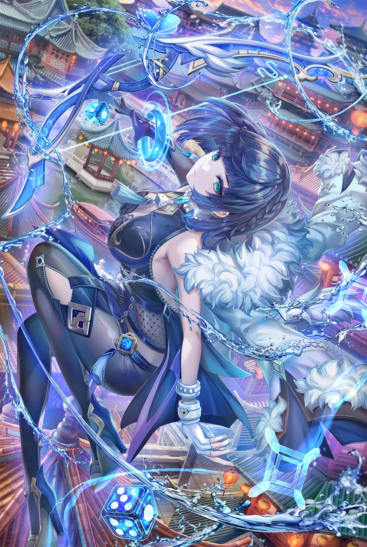 1girl, aqua_simulacra_(genshin_impact), architecture, bangs, black_gloves, black_hair, black_legwear, blue_dress