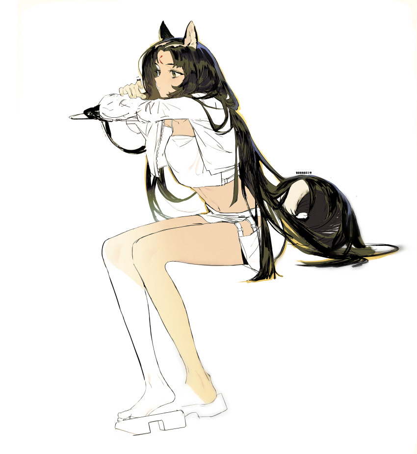 1girl, absurdres, animal, animal_ears, arknights, bangs, black_hair, breasts, bug, chinese_commentary, closed_mouth, collarbone, commentary_request, dated, expressionless, fingernails, from_side, full_body, grey_eyes, highres, holding, holding_animal, invisible_chair, jacket, legs, long_hair, long_sleeves, nano_(c175311), navel, open_clothes, open_jacket, parted_bangs, saga_(arknights), sandals, simple_background, sitting, skirt, solo, stomach, strapless, tube_top, white_background, white_jacket, white_skirt