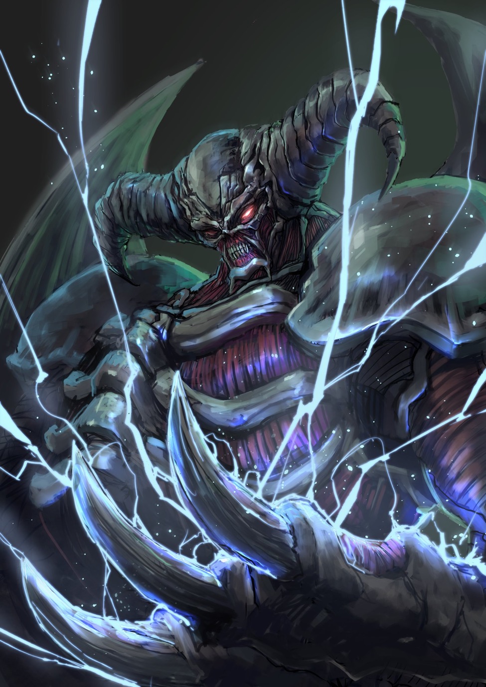 1boy, bone, claws, deadspike_nine, demon, demon_horns, demon_wings, duel_monster