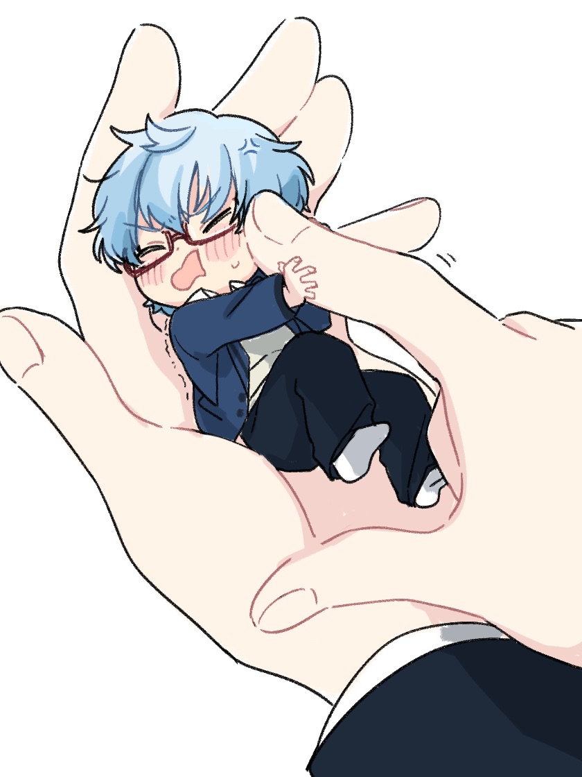1boy, anger_vein, bangs, black_pants, blazer, blue_hair, blue_jacket, cheek_poking