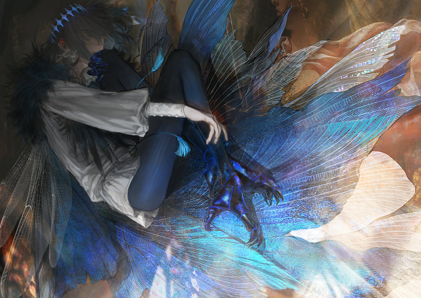 1boy, alternate_hair_color, arthropod_boy, au_(d_elite), bangs, black_fur, black_hair, blue_pants