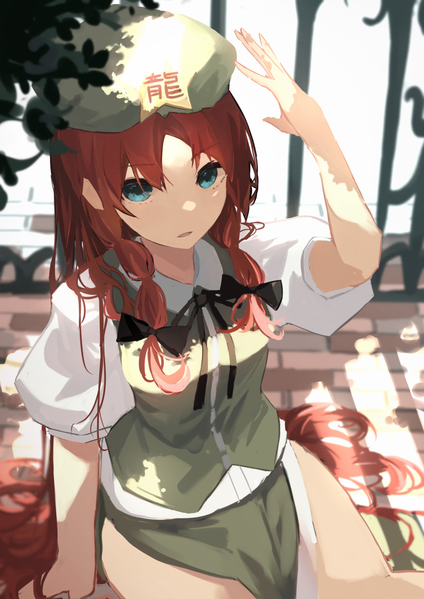 1girl, absurdres, arm_support, bangs, beret, black_bow, black_ribbon, blue_eyes