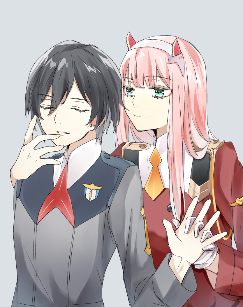 1boy, 1girl, ascot, black_hair, blue_eyes, closed_eyes, darling_in_the_franxx, facing_viewer, gloves, grey_background, headband, hetero, hiro_(darling_in_the_franxx), holding_hands, horns, kiki0001616, light_smile, long_hair, long_sleeves, looking_at_another, military, military_uniform, oni_horns, orange_ascot, red_horns, uniform, white_gloves, white_headband, zero_two_(darling_in_the_franxx)