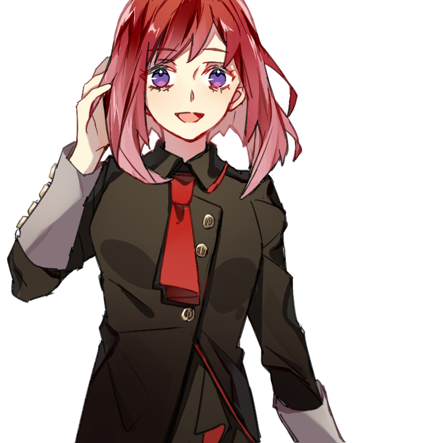 1girl, :d, ascot, black_coat, charade_maniacs, coat, hand_up, kiki0001616, long_sleeves, medium_hair, red_ascot, redhead, sena_hiyori, simple_background, smile, solo, violet_eyes, white_background