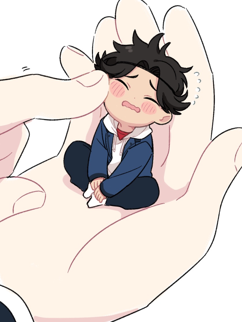 1boy, bangs, black_hair, black_pants, blazer, blue_jacket, blush_stickers, butterfly_sitting