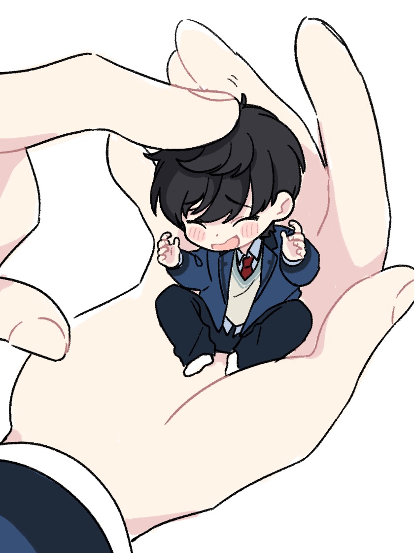 1boy, ^_^, bangs, black_hair, black_pants, blazer, blue_jacket, blush_stickers