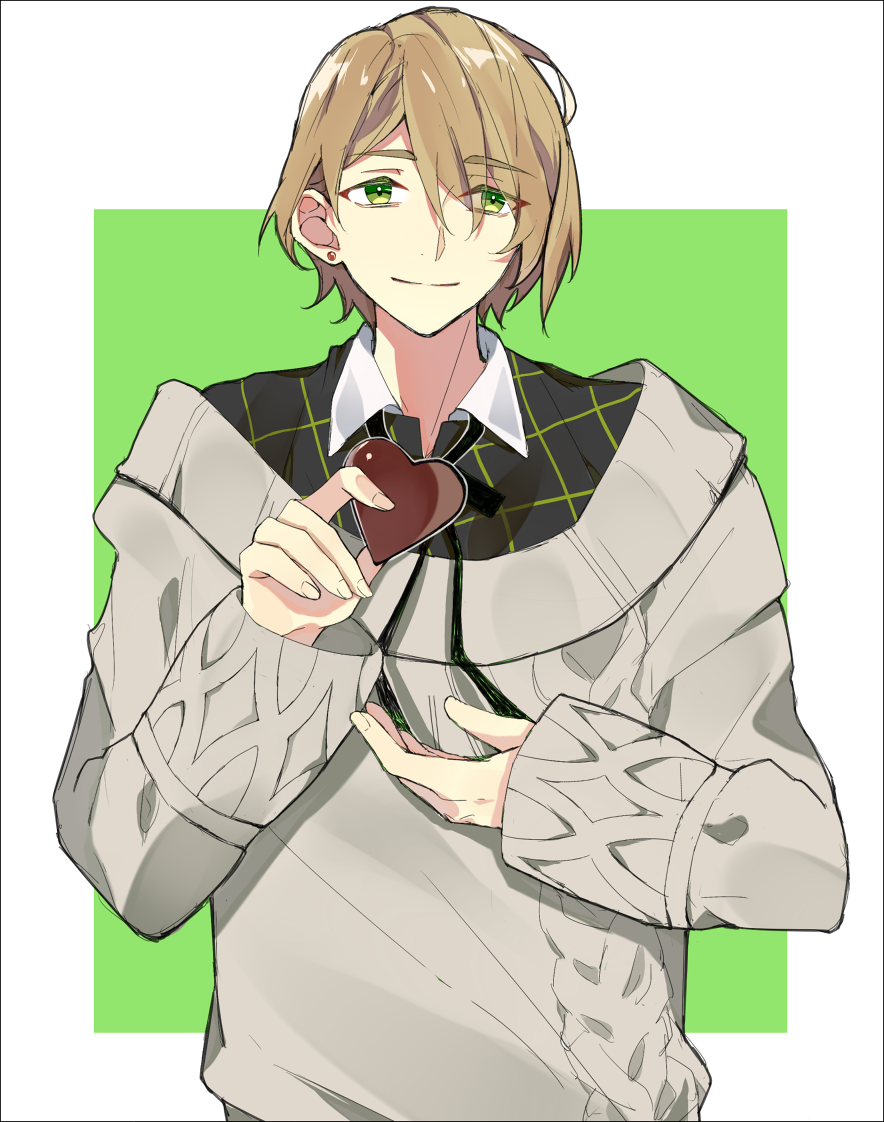 1boy, charade_maniacs, chigasaki_mamoru, earrings, eyes_visible_through_hair, green_background, green_eyes, grey_sweater