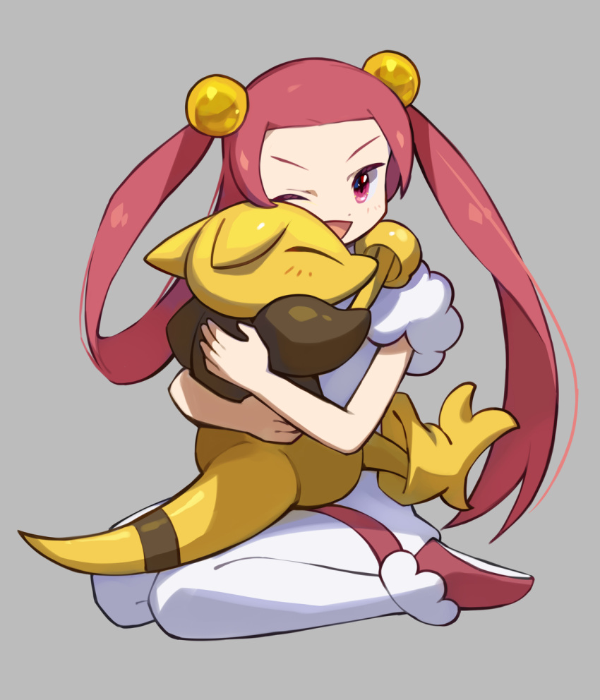 1girl, ;d, abra, affectionate, asagi1111, blush, commentary_request, grey_background