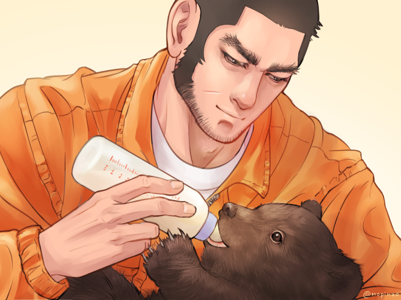 1boy, animal, artist_name, bear, beard, black_hair, bottle, cub