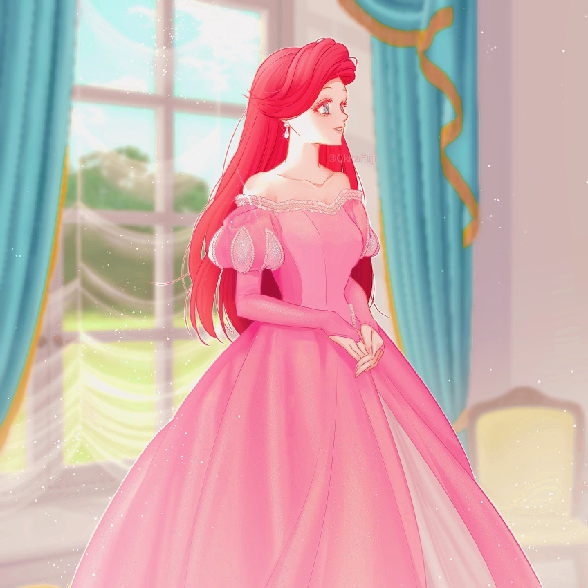 1girl, ariel_(disney), bangs, blue_eyes, breasts, disney, dress, earrings