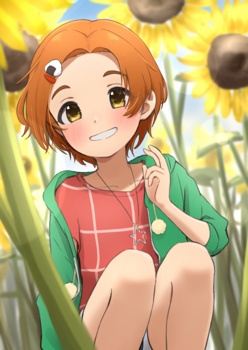 1girl, bangs, blurry, blurry_background, blush, depth_of_field, flower, food-themed_hair_ornament