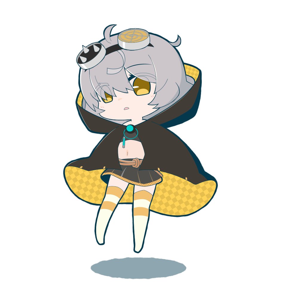 1girl, ahoge, bangs, belt, black_cloak, black_skirt, black_tube_top, checkered_cloak, chibi, cloak, expressionless, eyebrows_visible_through_hair, eyes_visible_through_hair, floating, full_body, goggles, goggles_on_head, grey_hair, hair_over_eyes, layered_skirt, looking_down, magia_record:_mahou_shoujo_madoka_magica_gaiden, magical_girl, mahou_shoujo_madoka_magica, midriff, miniskirt, miwa_mitsune, navel, no_arms, no_shoes, orange_cloak, parted_lips, senpaki, short_hair, sidelocks, simple_background, skirt, solo, strapless, striped, striped_legwear, swept_bangs, thigh-highs, tube, tube_top, two-sided_cloak, two-sided_fabric, two-tone_cloak, white_background, zettai_ryouiki
