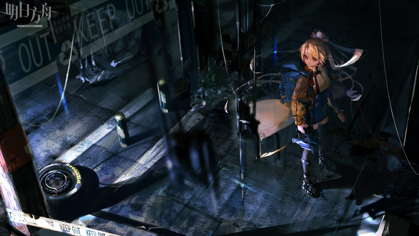 1girl, arknights, arrow_(symbol), backpack, bag, bangs, black_footwear, black_legwear