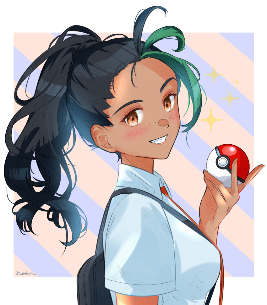 1girl, absurdres, artist_name, black_hair, breasts, close-up, collared_shirt, dark-skinned_female, dark_skin, face, freckles, green_hair, highres, long_hair, meisaki, multicolored_hair, necktie, nemona_(pokemon), orange_eyes, orange_necktie, poke_ball, poke_ball_(basic), pokemon, pokemon_(game), pokemon_sv, ponytail, portrait, shirt, smile, solo, streaked_hair, upper_body, white_shirt