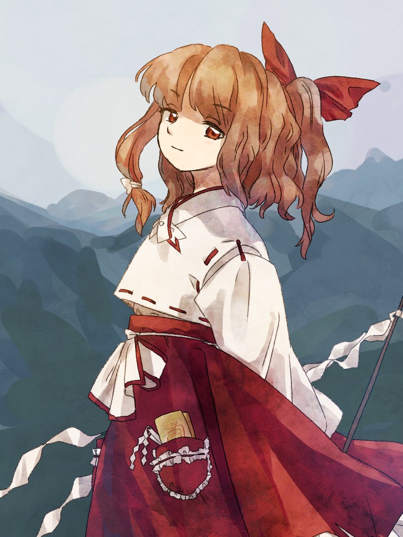 1girl, arms_behind_back, bangs, blonde_hair, blonde_shrine_maiden_from_a_future_era_(touhou), bow, brown_eyes, closed_mouth
