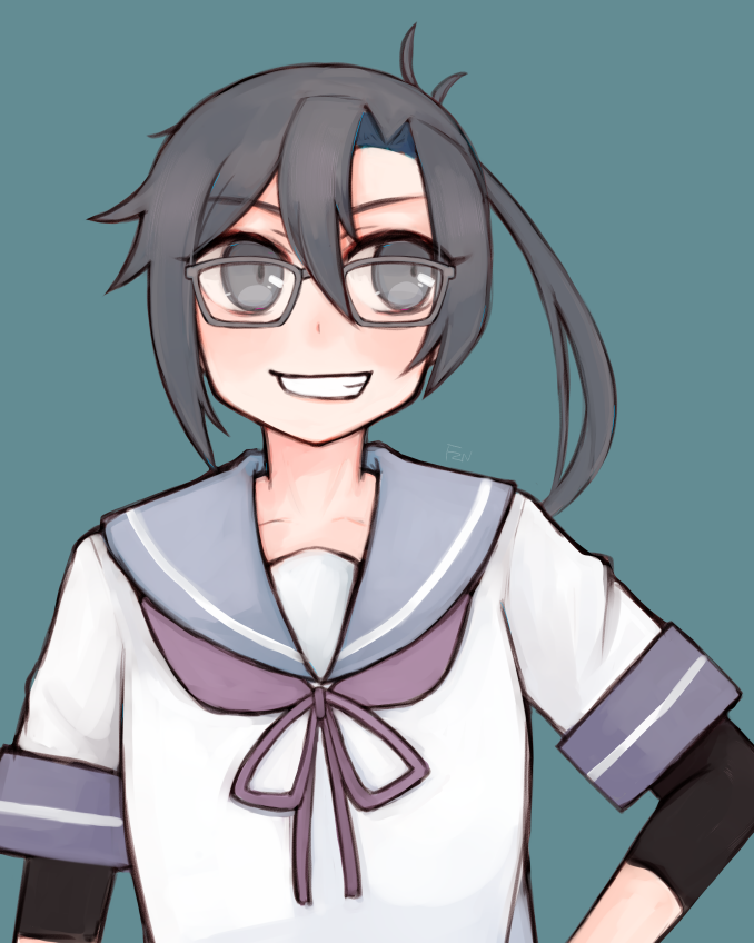 1girl, amagiri_(kancolle), asymmetrical_bangs, bangs, blue_background, elbow_pads, fuzino, gray_sailor_collar, grey-framed_eyewear, grey_eyes, grey_hair, grin, hair_between_eyes, hand_on_hip, kantai_collection, long_hair, looking_at_viewer, ponytail, sailor_collar, shirt, simple_background, smile, solo, very_long_hair, white_shirt