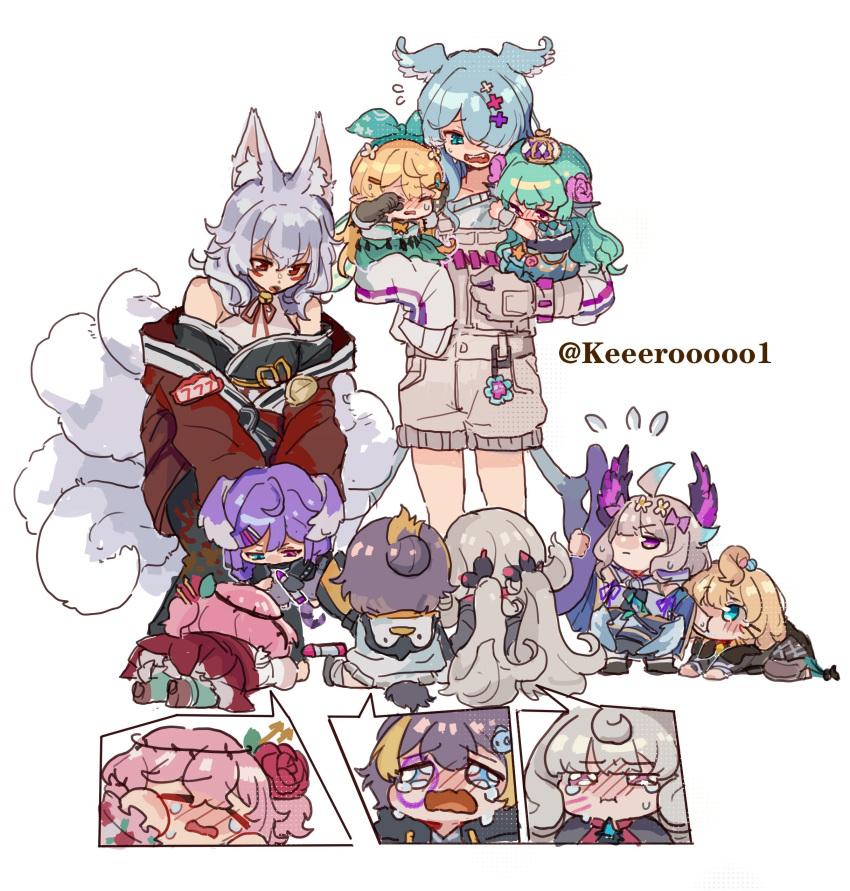 6+girls, absurdly_long_hair, absurdres, ahoge, animal_ears, arm_belt, bag, bangs