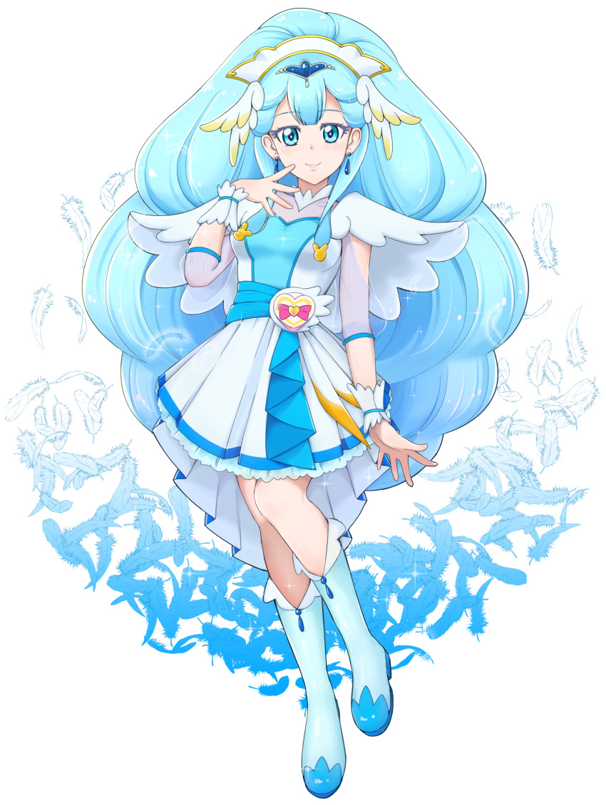1girl, absurdres, blue_dress, blue_eyes, blue_footwear, blue_hair, boots, breasts, cure_ange, dress, earrings, eyelashes, feathers, frills, full_body, hair_between_eyes, hair_ornament, heart_pouch, highres, hugtto!_precure, jewelry, lips, long_hair, long_sleeves, looking_at_viewer, magical_girl, nurse, precure, see-through, see-through_sleeves, small_breasts, solo, tiara, torikoshi_kurou, very_long_hair, white_background, white_dress, wrist_cuffs, yakushiji_saaya