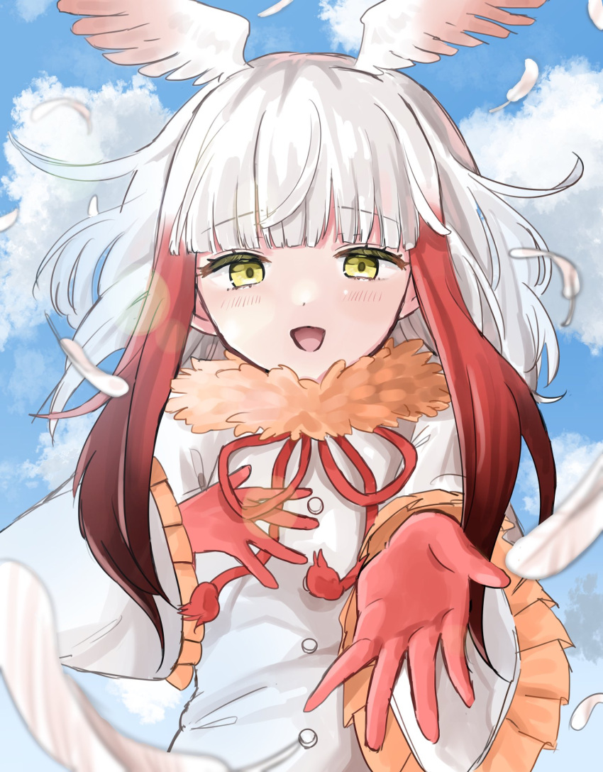 1girl, bangs, bird_girl, bird_wings, blush, bow, bowtie, eyebrows_visible_through_hair