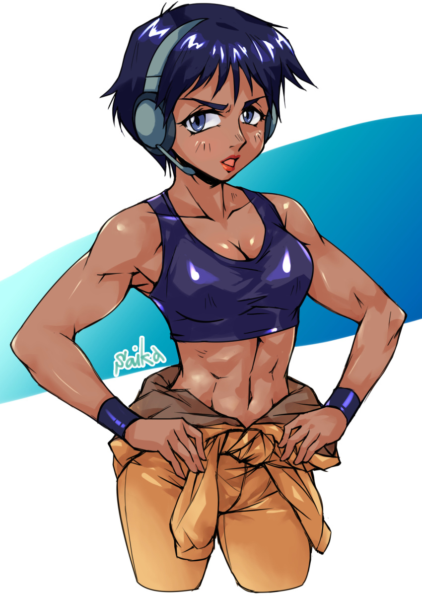 1girl, abs, armband, black_hair, blue_eyes, breasts, dark-skinned_female, dark_skin