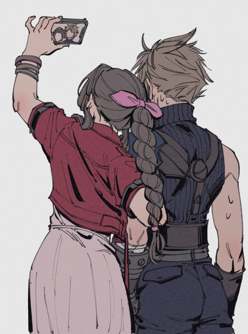 1boy, 1girl, aerith_gainsborough, armor, bandaged_arm, bandages, belt, blonde_hair
