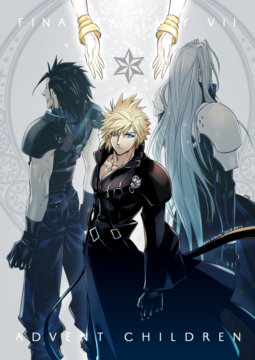 1girl, 3boys, aerith_gainsborough, aiz00, apron, armor, asymmetrical_armor, baggy_pants