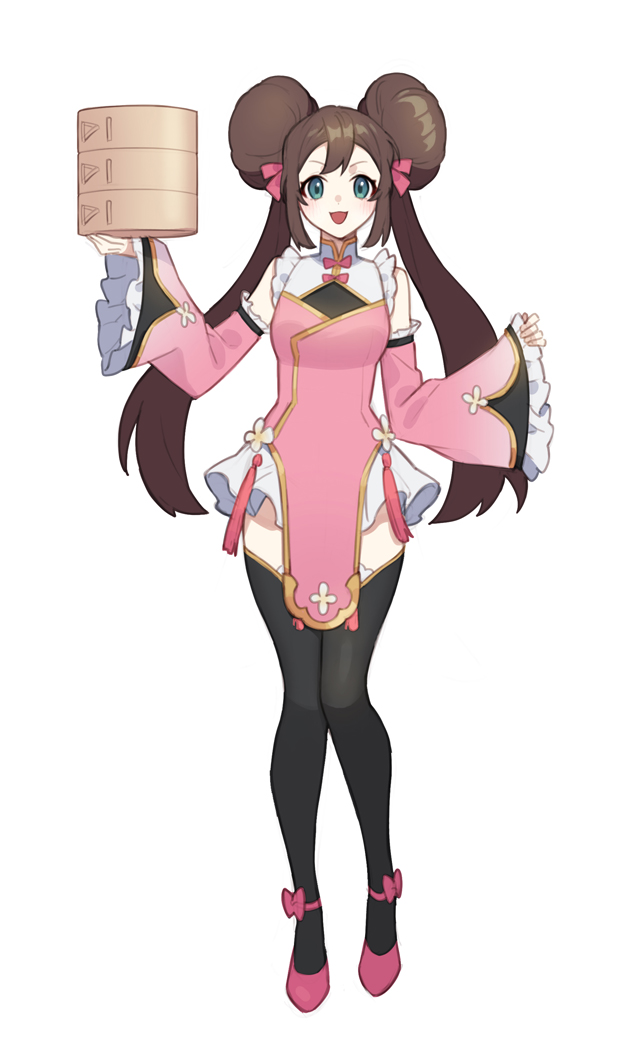 1girl, alternate_costume, bare_shoulders, black_legwear, brown_hair, commentary_request, detached_sleeves, double_bun