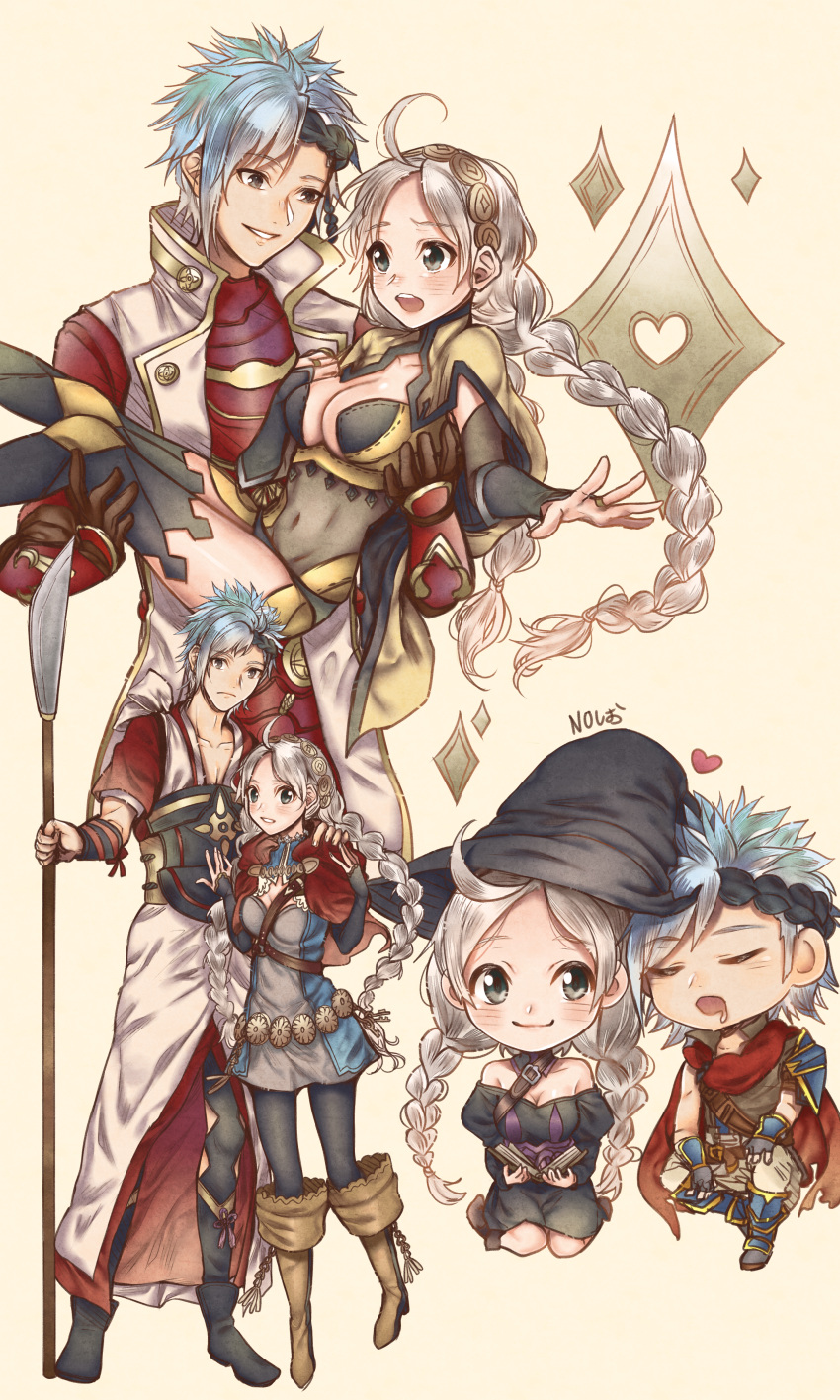 1boy, 1girl, absurdres, ahoge, bangs, belt, blue_hair, braid, breasts, cape, capelet, chest_harness, cosplay, fire_emblem, fire_emblem_fates, grey_eyes, hairband, harness, hat, headband, hetero, highres, hood, hooded_capelet, ike_(fire_emblem), ike_(fire_emblem)_(cosplay), leather_strap, long_hair, mallier, medium_breasts, nina_(fire_emblem), ophelia_(fire_emblem), ophelia_(fire_emblem)_(cosplay), pantyhose, shiro_(fire_emblem), turtleneck, twin_braids, witch, witch_hat