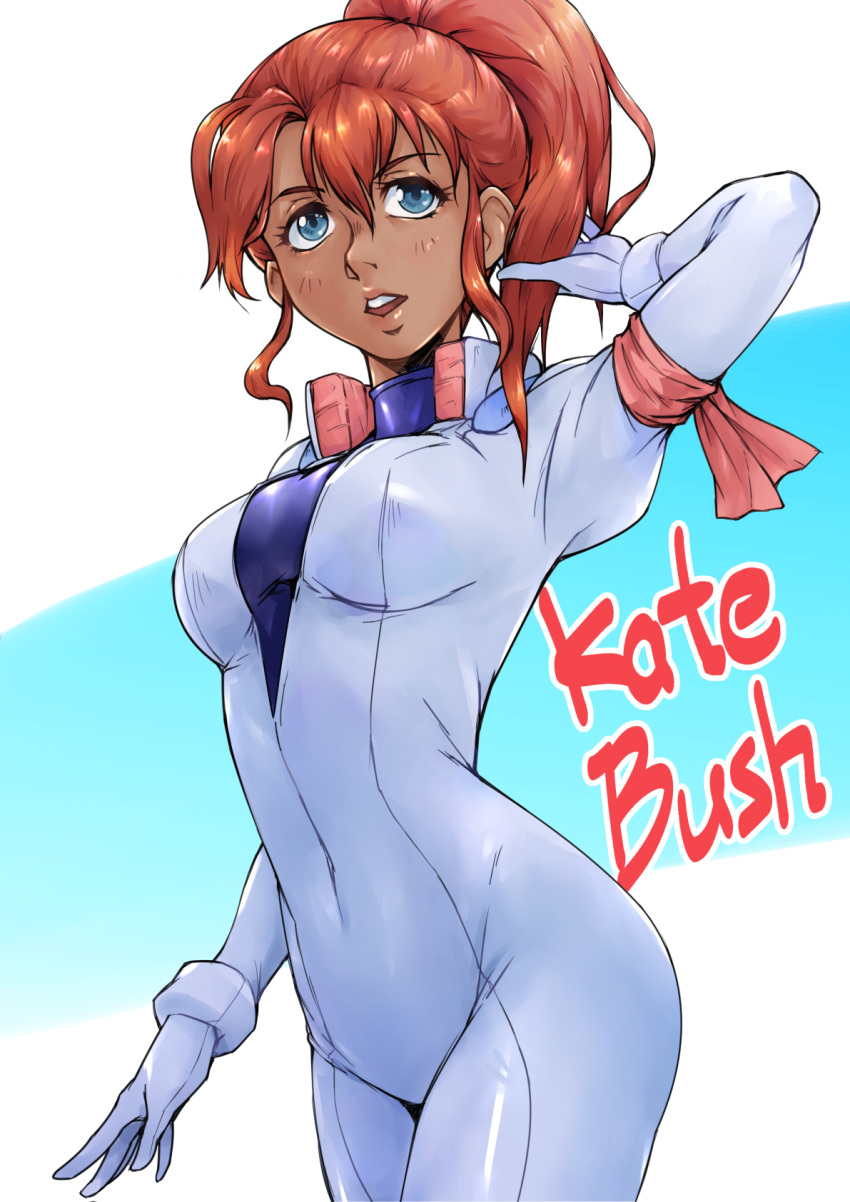 1girl, blue_eyes, breasts, gundam, highres, kate_bush, medium_breasts, open_mouth, pilot_suit, ponytail, redhead, saika_(pixiv43370196), short_hair, shrike_team_(victory_gundam), two-tone_background, undershirt, unzipped, victory_gundam