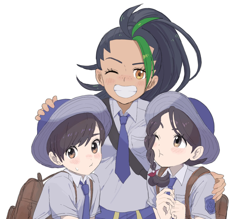 1boy, 2girls, :t, aoaomzir, backpack, bag, bangs, black_hair