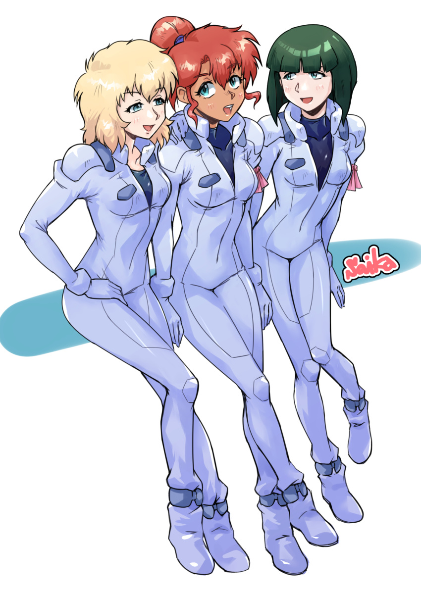3girls, blonde_hair, blue_eyes, connie_francis, green_eyes, green_hair, gundam, highres, kate_bush, multiple_girls, open_mouth, peggy_lee, pilot_suit, ponytail, redhead, saika_(pixiv43370196), short_hair, shrike_team_(victory_gundam), undershirt, unzipped, victory_gundam