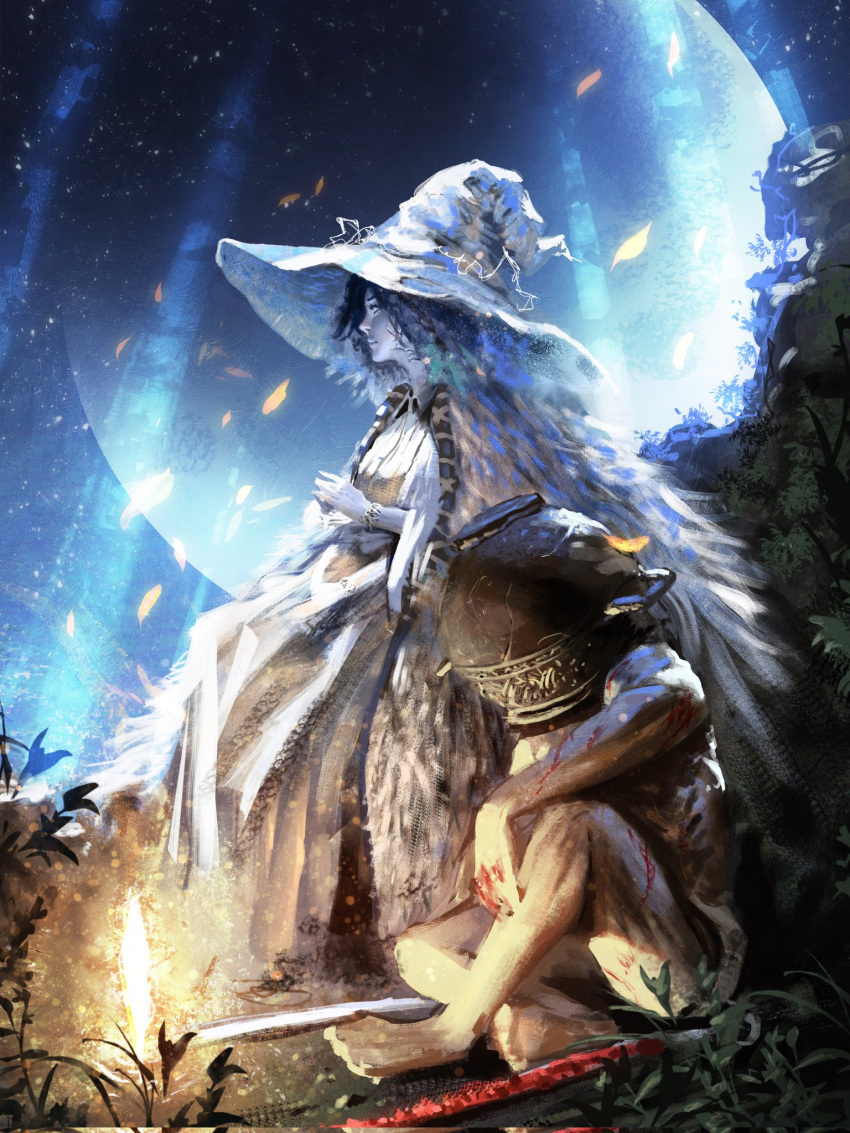 1boy, 1girl, blue_eyes, blue_hair, blue_skin, cloak, closed_mouth, colored_skin