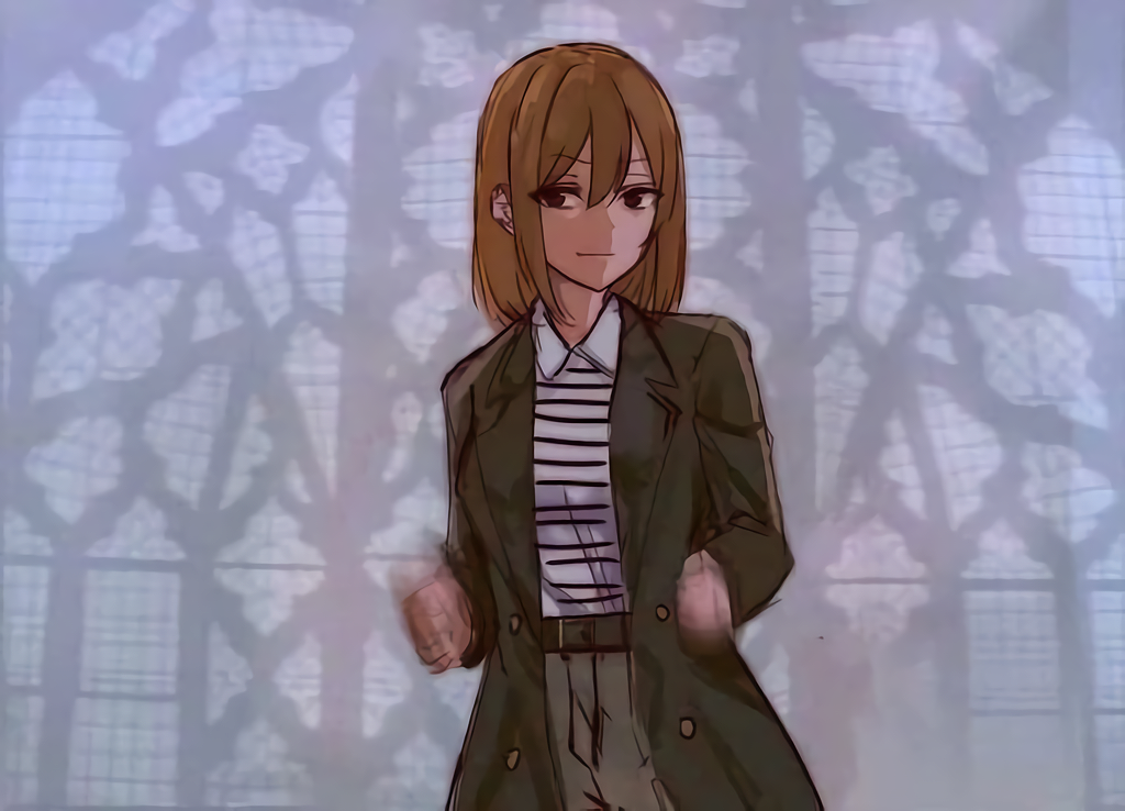 1girl, :|, bad_id, bad_twitter_id, black_eyes, brown_hair, closed_mouth, coat