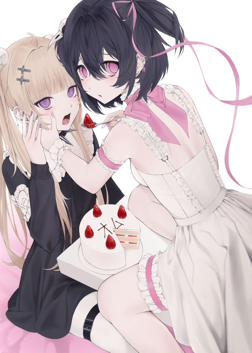 2girls, absurdres, arm_garter, bangs, black_dress, black_hair, blunt_bangs, blush