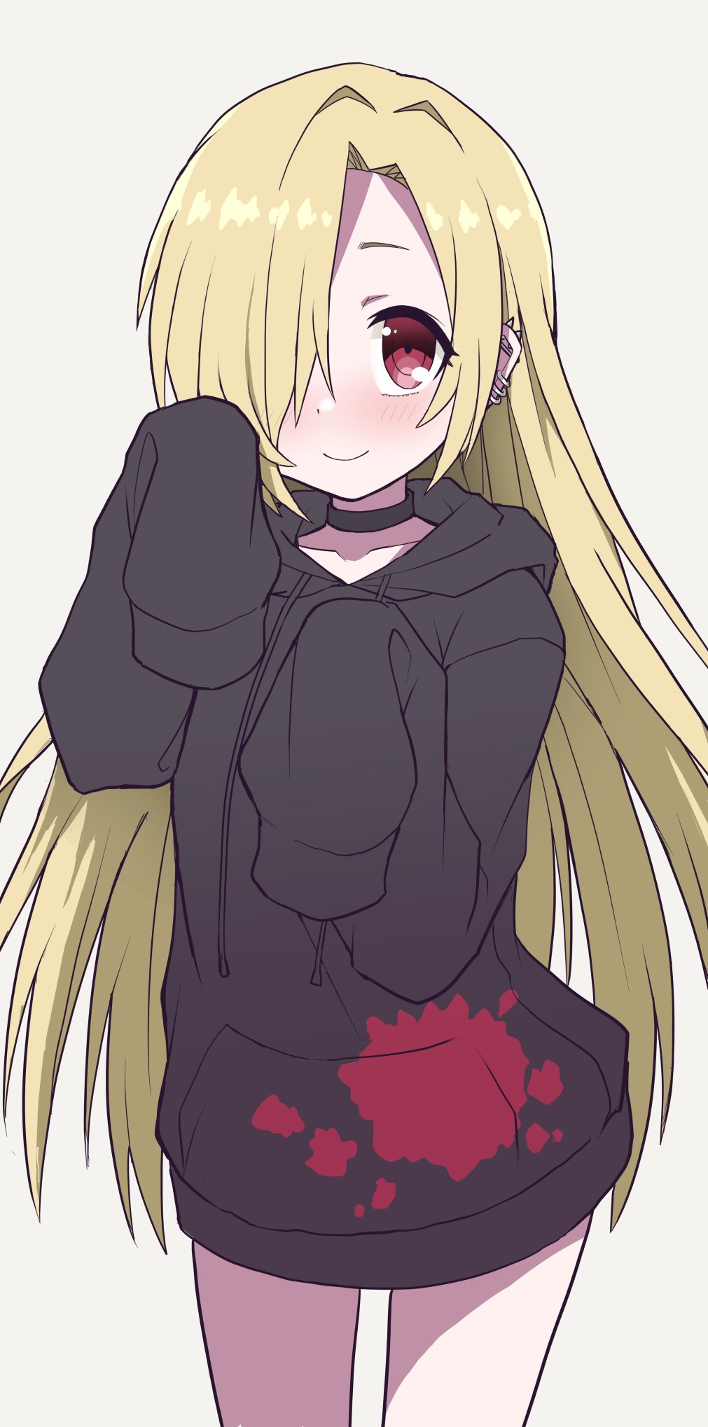 alternate_hair_length, alternate_hairstyle, bangs, black_hoodie, blonde_hair, blood, blood_splatter, blush