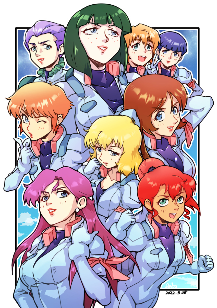 6+girls, blonde_hair, blowing_kiss, blue_eyes, brown_hair, connie_francis, dated, earrings