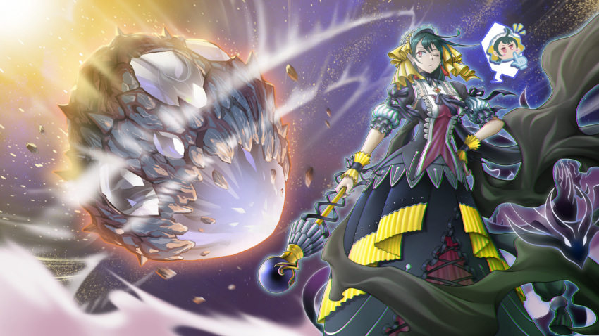1girl, :<, black_dress, chromatic_aberration, commentary_request, dress, duel_monster, earrings