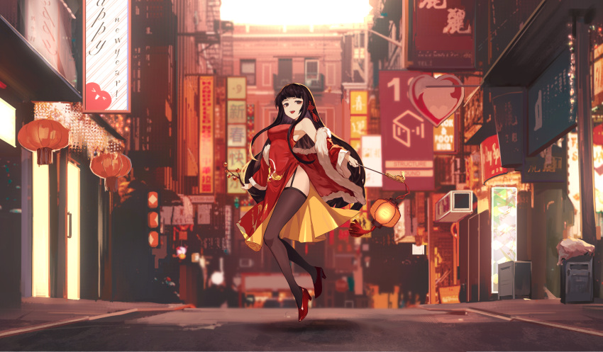 1girl, :d, absurdres, ad, alternate_costume, balcony, banner, bare_shoulders