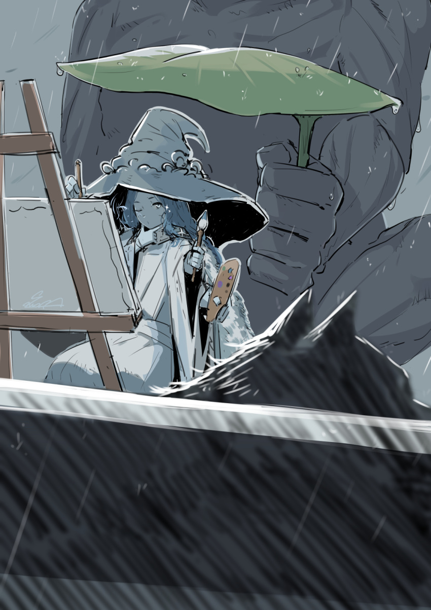 1girl, 2boys, animal_head, blaidd_the_half-wolf, blue_hair, blue_skin, canvas_(object), cloak