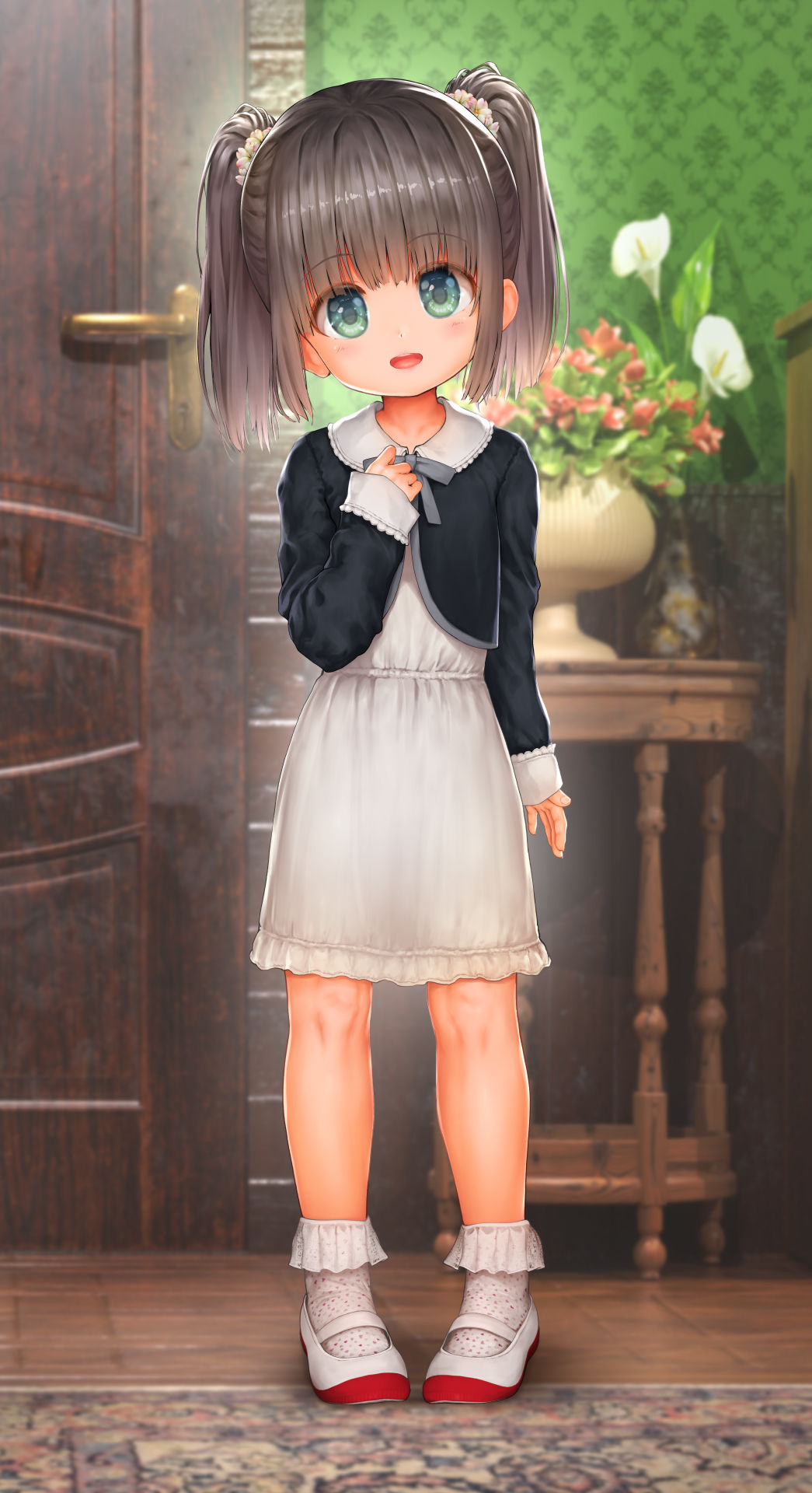 1girl, black_hair, black_shirt, child, door, dress, endou_hiroto, female_child