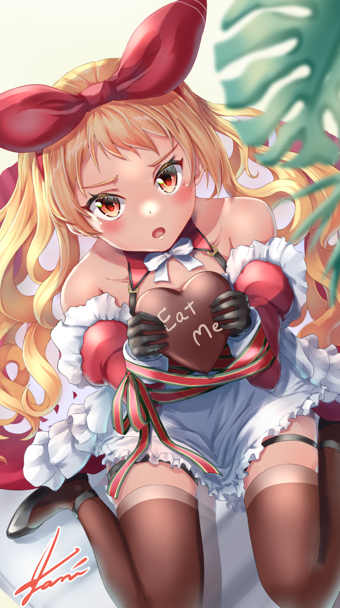 1girl, alternate_costume, anchor_symbol, azur_lane, bare_shoulders, black_footwear, black_legwear, blonde_hair, blush, bow, chocolate, collarbone, commission, food, gloves, hair_bow, hair_ornament, highres, holding, holding_food, howe_(pastry_princess)_(azur_lane), jenkins_(azur_lane), long_hair, looking_at_viewer, maid, red_eyes, red_ribbon, ribbon, shaded_face, shadow, shoes, signature, simple_background, sitting, skeb_commission, solo, thigh-highs, thigh_strap, thighs, white_ribbon, yam_(yam6056)