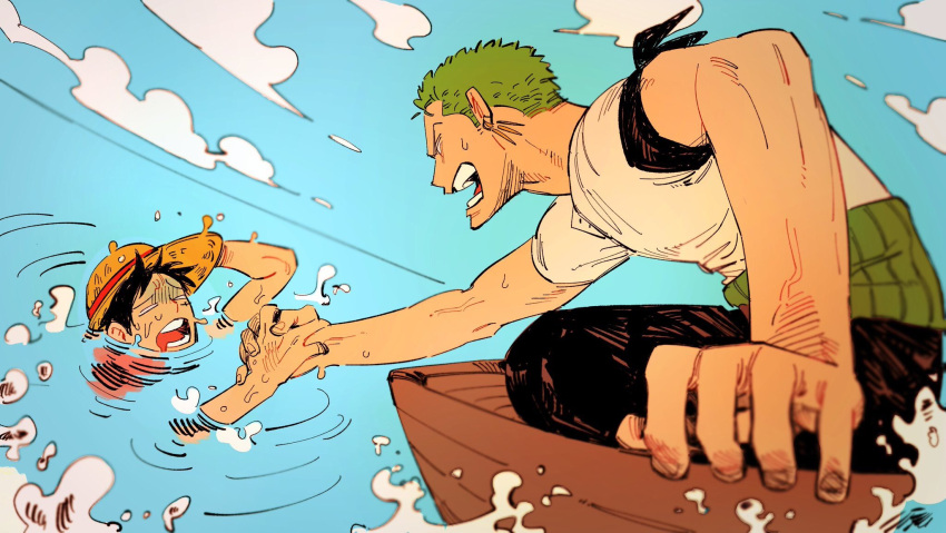 2boys, dam_(okdam3), grabbing, green_hair, haramaki, hat, highres, holding_hands