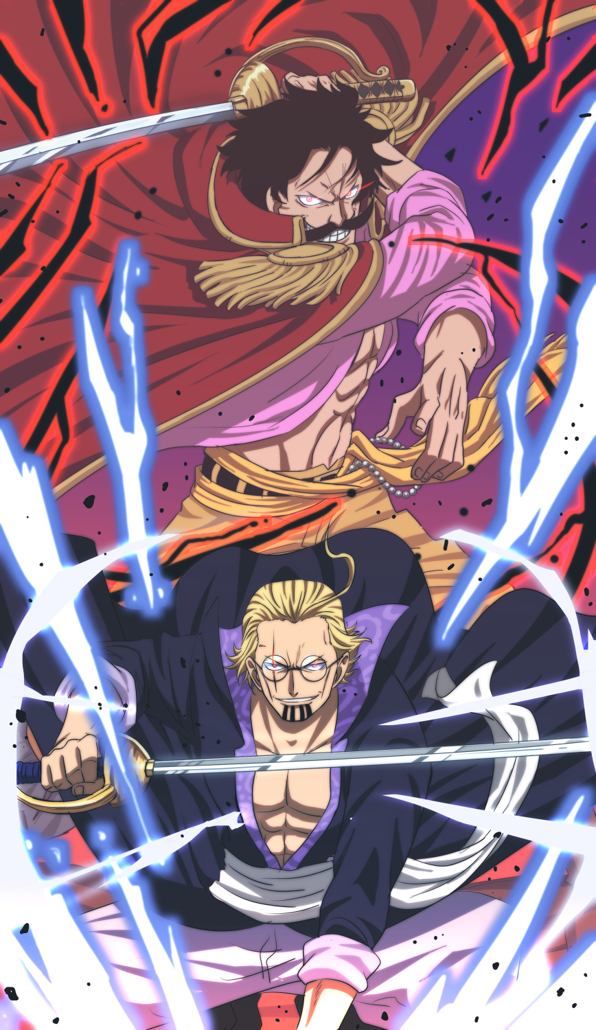 2boys, black_hair, blonde_hair, coat, coat_on_shoulders, facial_hair, fighting_stance, gol_d._roger