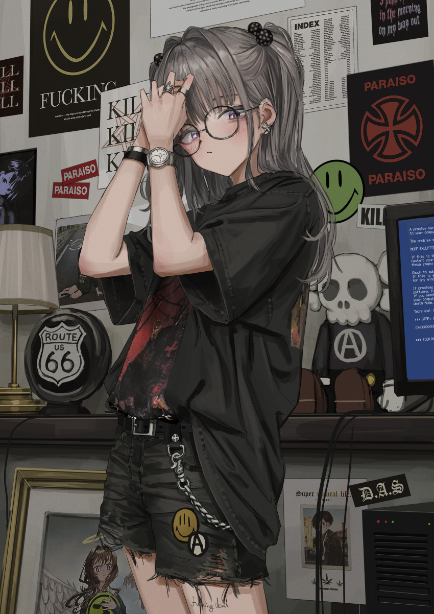 1girl, absurdres, belt, black_belt, black_shirt, black_shorts, blue_screen_of_death, chain, closed_mouth, computer, computer_tower, cowboy_shot, earrings, glasses, grey_hair, hair_ornament, hands_up, highres, jewelry, looking_at_viewer, monitor, nadegata, original, profanity, ring, round_eyewear, route_66, shirt, short_shorts, short_sleeves, shorts, smiley_face, solo, star_(symbol), star_earrings, torn_clothes, torn_shorts, twintails, violet_eyes, watch, watch, wristband