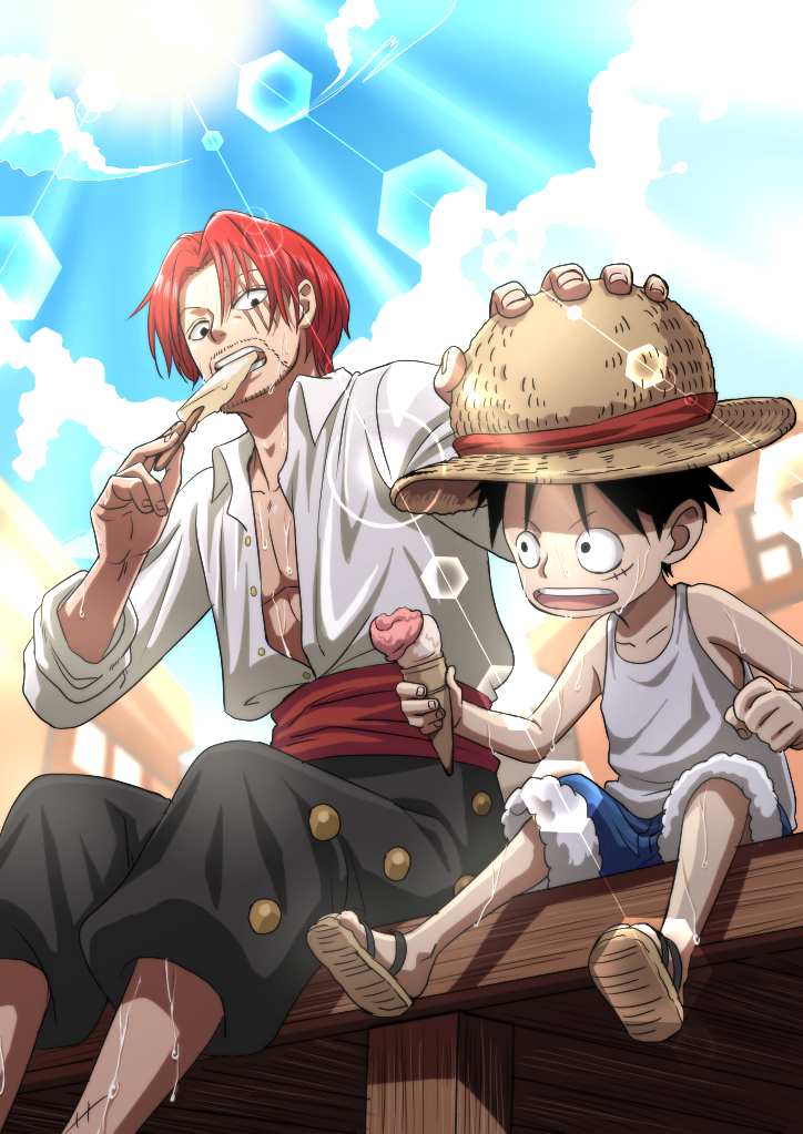 2boys, black_hair, child, eating, facial_hair, food, hand_on_another's_head, hand_on_headwear, hat, hot, ice_cream, male_child, male_focus, monkey_d._luffy, multiple_boys, musasabiop, one_piece, outdoors, redhead, sandals, shanks_(one_piece), shorts, sleeveless, straw_hat, sweat