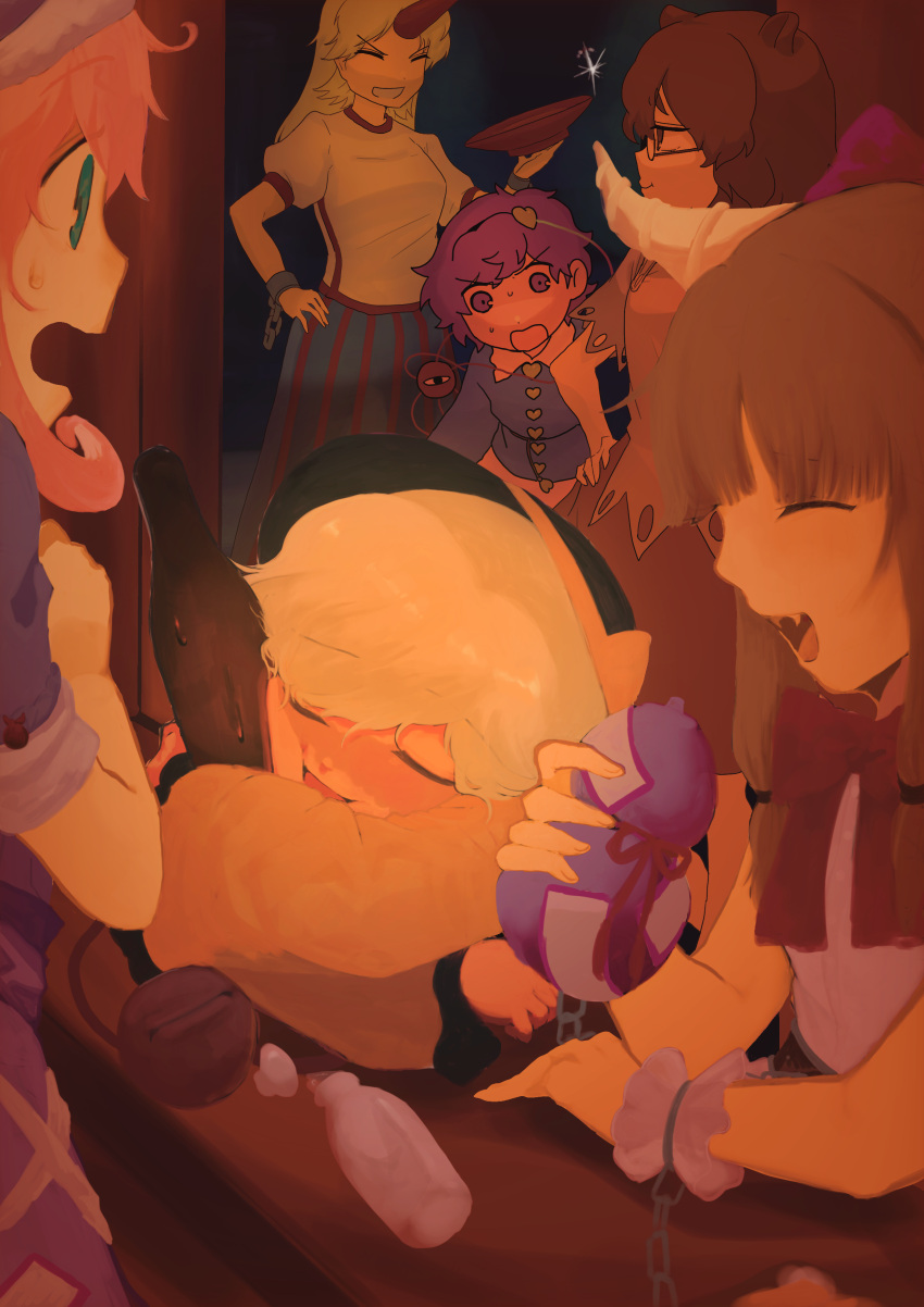 6+girls, absurdres, animal_ears, bar, black_hairband, black_headwear, blonde_hair, blouse, blue_dress, blue_shirt, blue_skirt, blush, bottle, bow, bowtie, brown_dress, brown_hair, buttons, chain, closed_eyes, closed_mouth, commentary, cup, dress, drunk, fangs, frilled_sleeves, frills, full-face_blush, futatsuiwa_mamizou, gourd, green_eyes, green_hair, grin, hair_ornament, hairband, hand_on_hip, hat, hat_bow, heart, heart_button, heart_hair_ornament, highres, holding, holding_cup, horns, hoshiguma_yuugi, ibuki_suika, komeiji_koishi, komeiji_satori, kotudui7, long_hair, long_sleeves, looking_at_another, medium_hair, multiple_girls, object_hug, okunoda_miyoi, oni_horns, open_mouth, pink_hair, pink_skirt, purple_hair, raccoon_ears, red_bow, red_bowtie, sakazuki, semi-rimless_eyewear, shirt, short_hair, single_horn, skirt, smile, striped, striped_skirt, sweatdrop, third_eye, touhou, v-shaped_eyebrows, vertical-striped_skirt, vertical_stripes, violet_eyes, white_shirt, wide_sleeves, wrist_cuffs, yellow_bow, yellow_shirt
