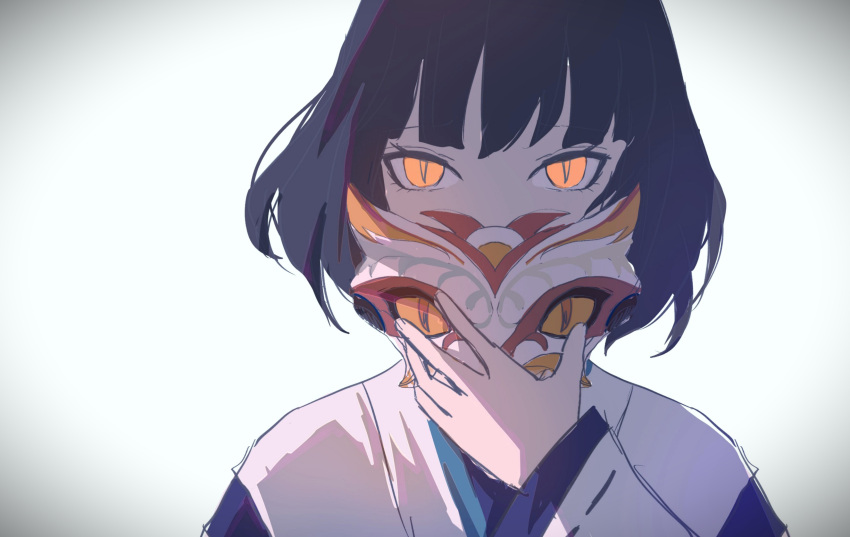 1girl, bangs, bbqqq, black_hair, covering_mouth, genshin_impact, hand_up, highres